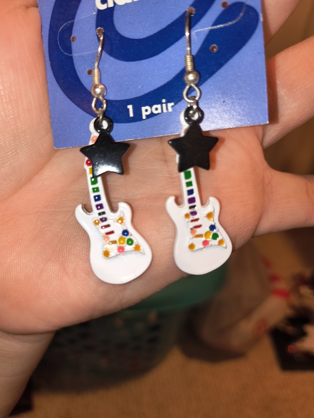 Claire's White Guitar Earrings with Black Star & Rainbow Accents